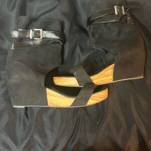 Black Wedge Shoes with Chunky Heel and Ankle Strap